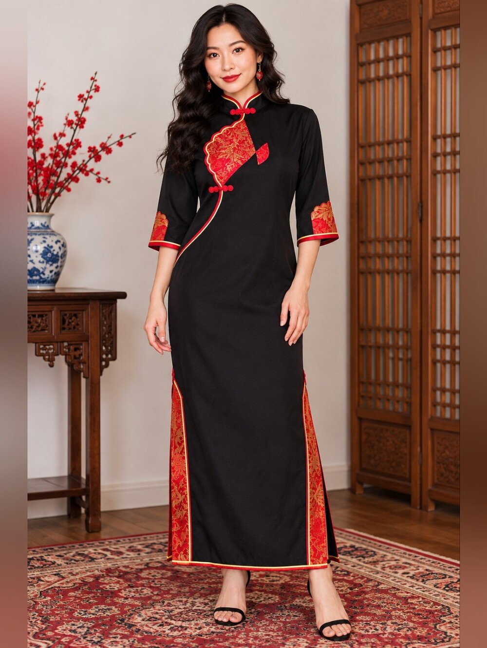 Vintage Black Red Gold Chinese Qipao Cheongsam Dress Frog Closure Maxi Size L